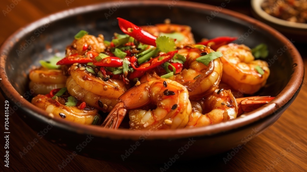 Fried shrimp with vegetables, a warm salad, a delicious dish Fried shrimp with vegetables, a warm salad, a delicious dish