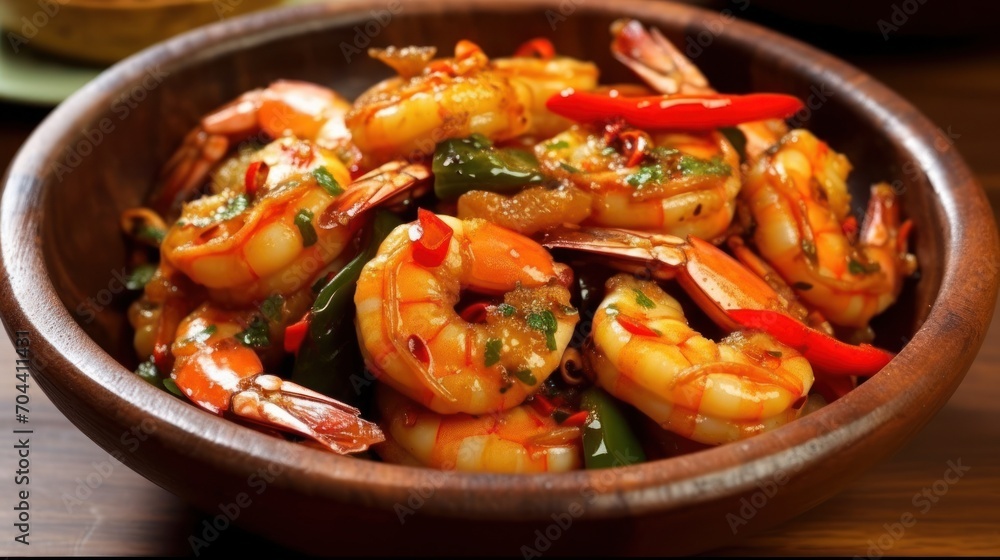 Fried shrimp with vegetables, a warm salad, a delicious dish Fried shrimp with vegetables, a warm salad, a delicious dish