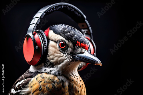 Woodpecker wearing headphones isolated on black background. Listen to music. Cover for design of music releases, albums and advertising. Music lover background. DJ concept. photo