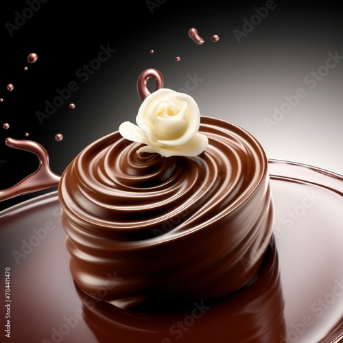 Liquid dark chocolate with chocolate brownie with white chocolate rose in the form of a spiral