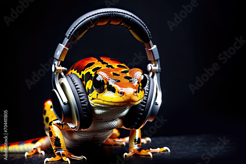 Lizard wearing headphones isolated on black background. Listen to music. Cover for design of music releases, albums and advertising. Music lover background. DJ concept.