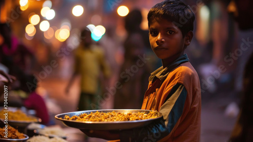 Indian boy carries cooked food distributed by volunteers  looks at the camera  banner