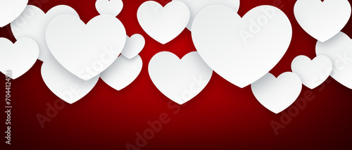 Horizontal red banner with white paper cut hearts. Happy Valentine's day header or voucher or letter template.