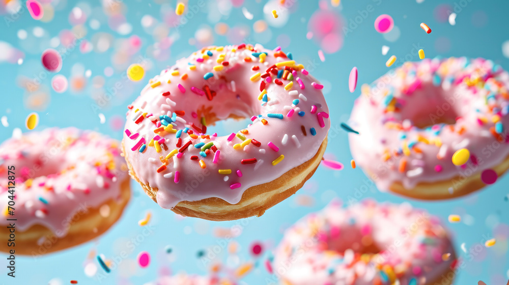 Suspended in mid-air, pink frosted donuts adorned with colorful sprinkles create a playful and appetizing dance against a cheerful sky-blue background Suspended in mid-air, pink frosted donuts adorned with colorful sprinkles create a playful and appetizing dance against a cheerful sky-blue background