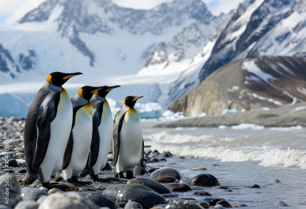 Naklejka premium A regal assembly of arctic avians, including the elegant emperor and stately king penguins, stand stoically on snow-covered rocks by the frigid waters of their icy home