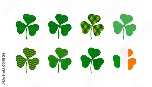 Three leaf clover with different textures flat set. St. Patrick's Day design elements