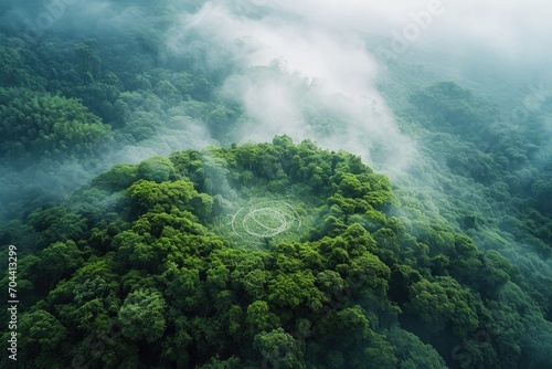 Enveloped in a mystical mist, the lush forest below reveals a hidden world of towering trees, cascading waterfalls, and distant mountains waiting to be explored by the adventurous traveler