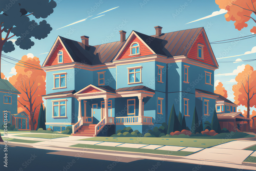 Vector cartoon cartoon family two-story house in good neighborhood, AI generated Vector cartoon cartoon family two-story house in good neighborhood, AI generated