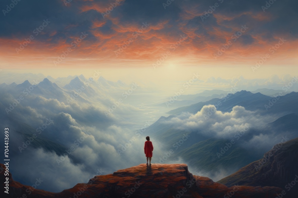 As the sun sets over the misty mountains, a lone hiker stands on the edge of a cliff, gazing at the ever-changing clouds that paint the sky in a mesmerizing display of nature's beauty