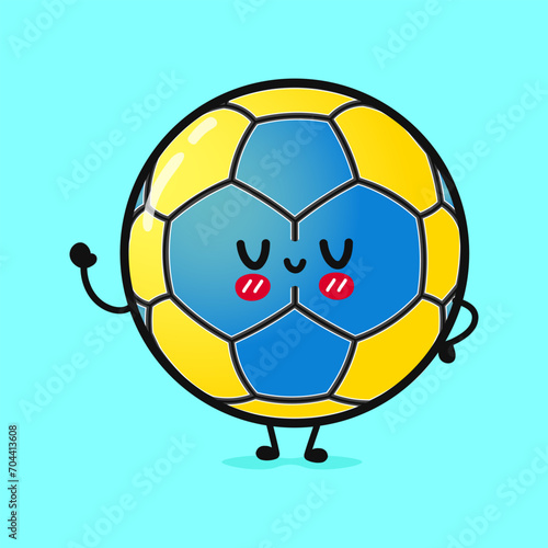 Cute funny Handball waving hand. Vector hand drawn cartoon kawaii character illustration icon. Isolated on blue background. Handball character concept