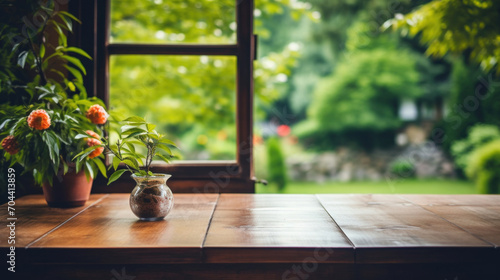 A peaceful setting with a view from a wooden table by the window, adorned with vibrant potted plants.