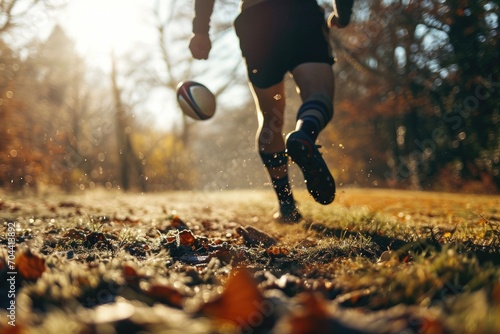 A runner sprints across the field, dodging trees and leaping over grass, clutching a rugby ball in one hand and sporting sturdy outdoor footwear as they prepare to score