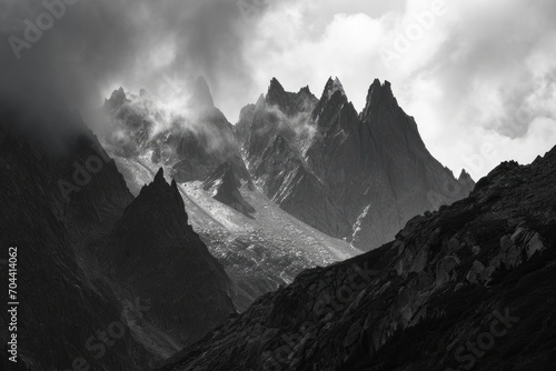 The majestic mountain range, shrouded in fog and surrounded by a vast expanse of sky, looms over the araate valley in a stunning monochrome landscape
