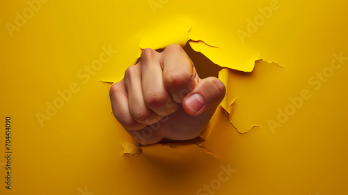 fist punching through hole in yellow paper, concept of anger, revenge, attack, power, violence and creativity photo