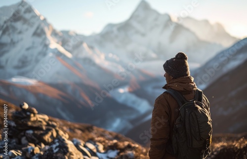 A lone figure stands atop the snowy summit, gazing at the vast mountain range before them, surrounded by the breathtaking beauty of nature and the crisp winter air