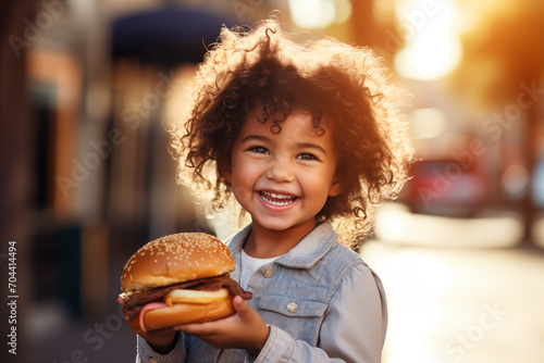 Cute little caucasian girl at outdoors holding a burger