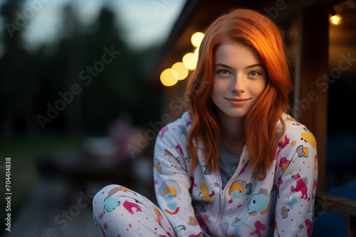 Young pretty redhead woman at outdoors in pajamas