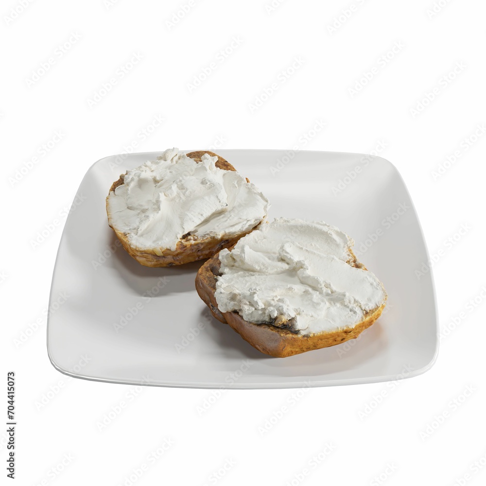 3D rendering of two buns with Greek yogurt on a white background