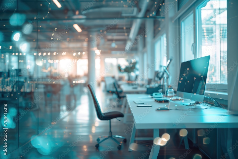 Naklejka premium Future of Work - A futuristic office with hologram technology and creative workspaces - AI Generated