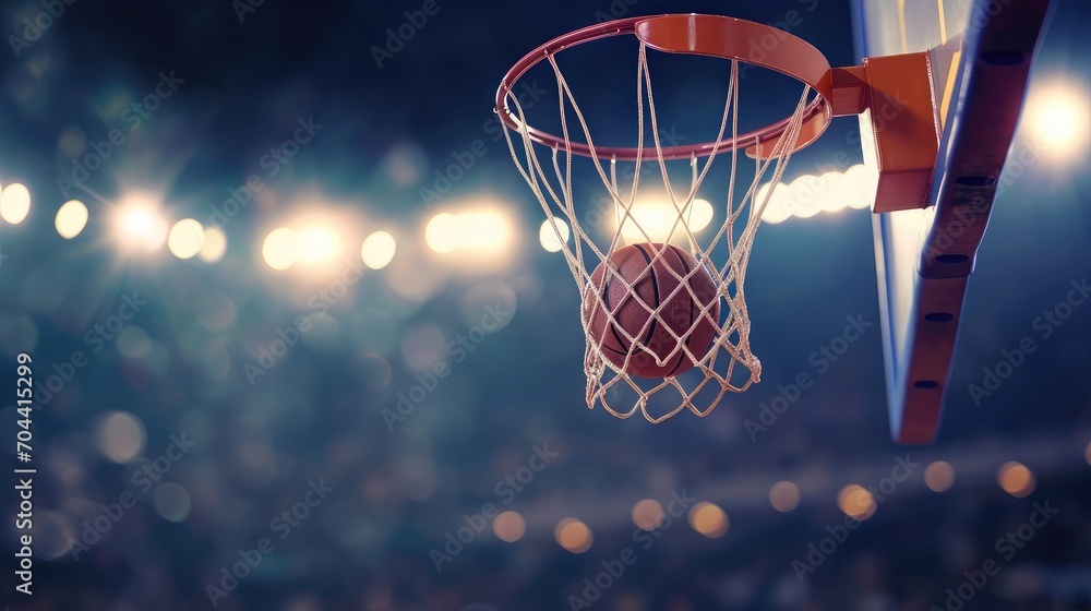 moment when the basketball flies through the air towards the hoop  - obrazy, fototapety, plakaty 