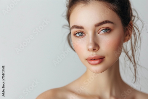 Glamour portrait of beautiful woman model with fresh daily makeup and romantic hairstyle. Fashion shiny highlighter on skin, sexy gloss lips make-up and dark eyebrows