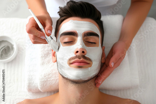 Man having cosmetic mask in spa salon. Cosmetology for men photo