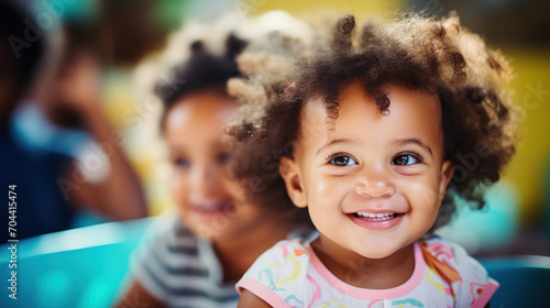 Close-up of a smiling toddler girl with curly hair enjoying playtime, with a blurred background of children indoors.