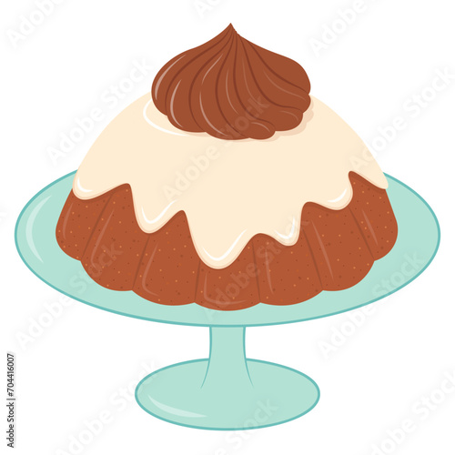 Chocolate pudding with cream in plate, cake or souffle dessert icon. Cartoon sweet food element. Vector illustration isolated on white background. 