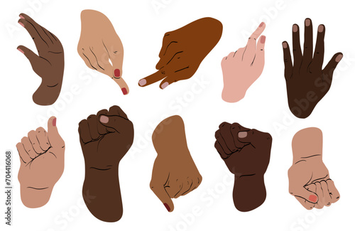 Set de ilustraciones vectorizadas de manos de mujer con diferentes gestos. Recursos con elementos de diseño para infografía, anuncios, sitio web, carteleria, banner