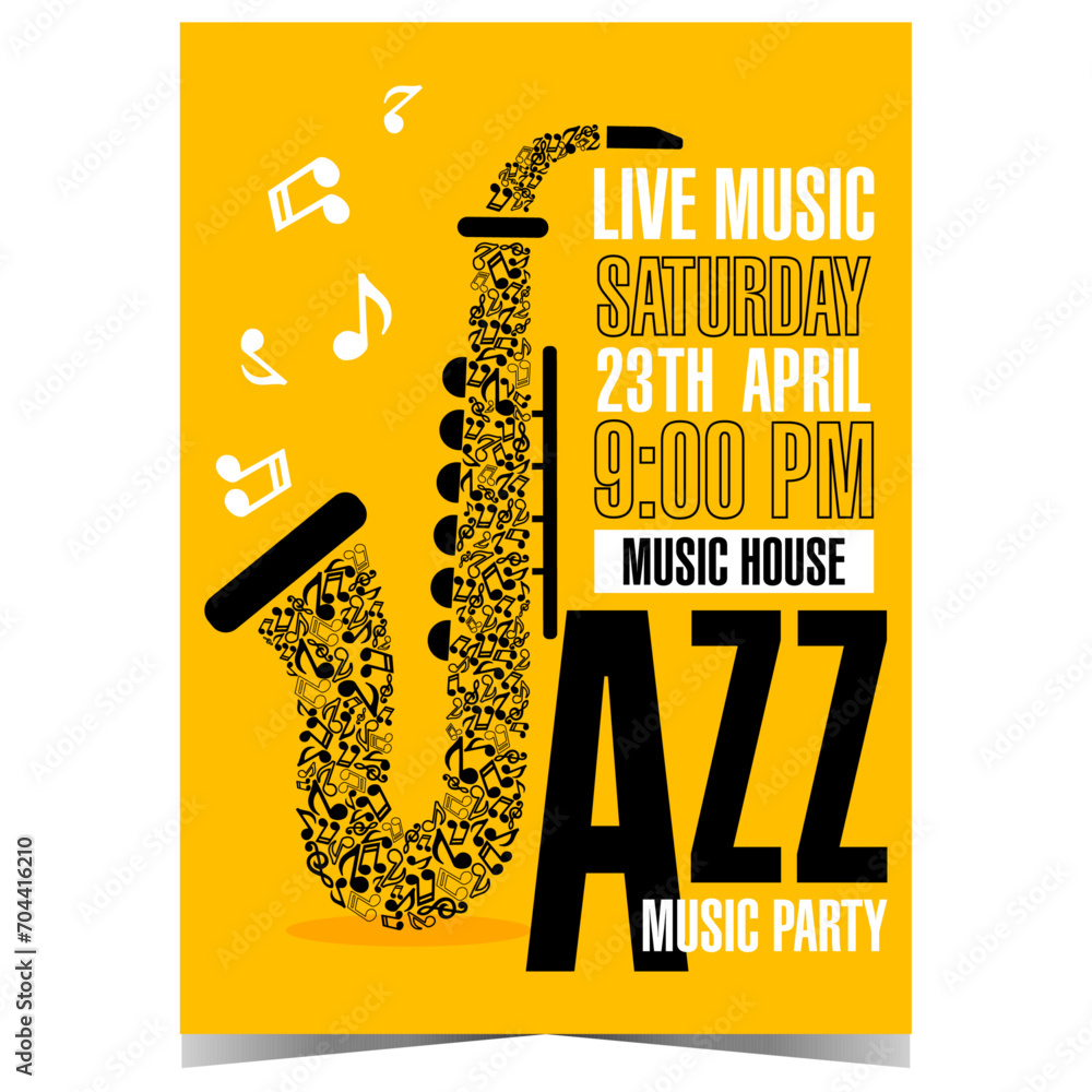 Jazz music party invitation, concert or festival announcement banner or poster with an elegant saxophone composed of musical notes on a yellow background. Ready to print vertical vector illustration. - obrazy, fototapety, plakaty 
