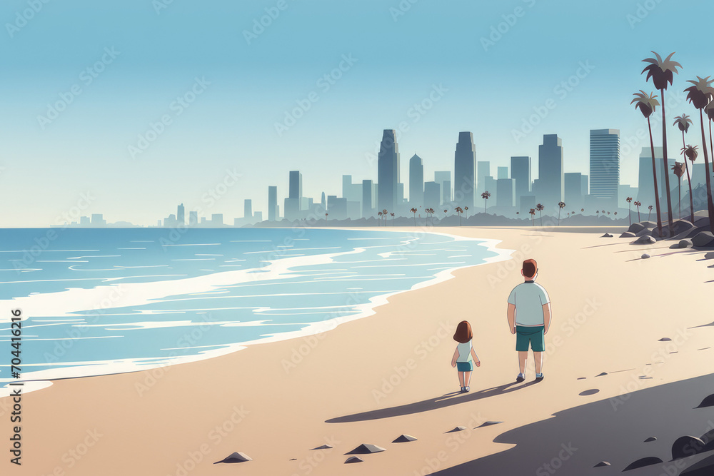 Vector cartoon view of a large beach near the city, AI generated Vector cartoon view of a large beach near the city, AI generated
