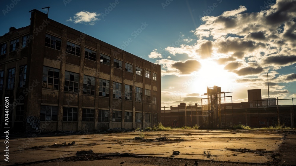 The sun sets behind a dilapidated school building, casting long shadows over the abandoned grounds.