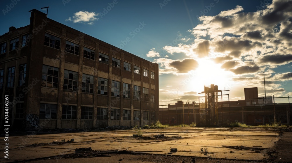The sun sets behind a dilapidated school building, casting long shadows over the abandoned grounds. The sun sets behind a dilapidated school building, casting long shadows over the abandoned grounds.