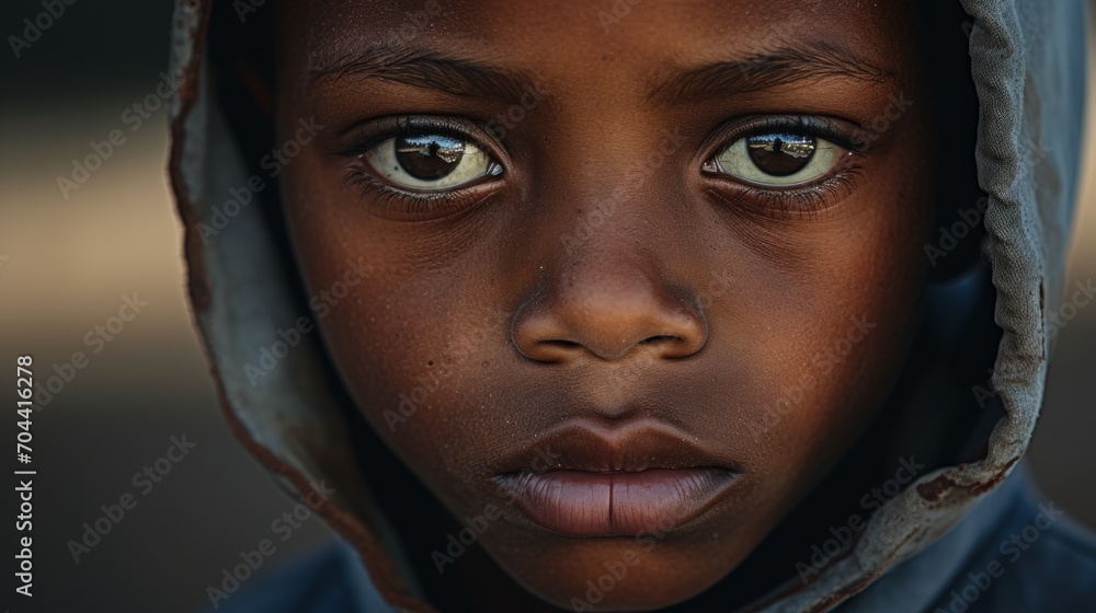 A black child with soulful eyes looks directly at the camera, his face framed by the hood of his weathered garment. A black child with soulful eyes looks directly at the camera, his face framed by the hood of his weathered garment.
