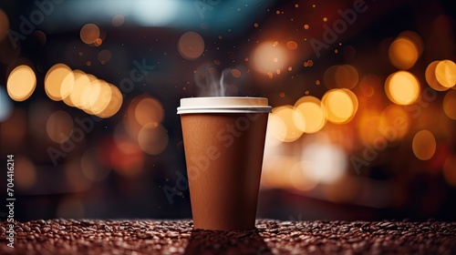 Steaming Takeaway Coffee Cup on Cafe Counter with Warm Bokeh Lights