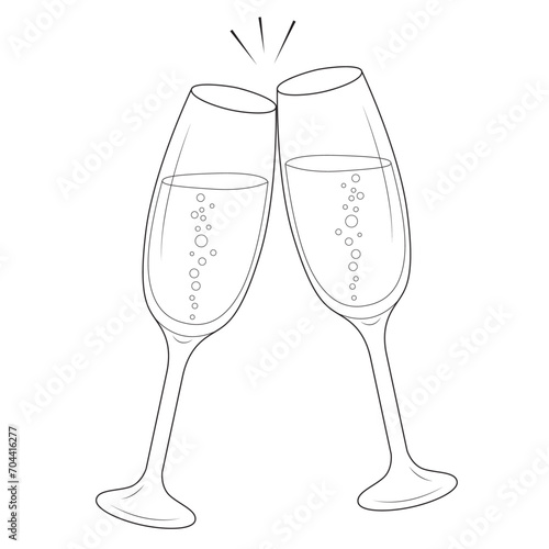 Clinking champagne classes festive flat design cheers. Black and white. Line art. Vector illustration