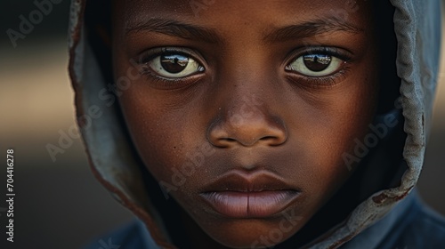 A black child with soulful eyes looks directly at the camera, his face framed by the hood of his weathered garment.