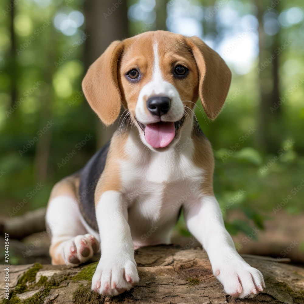 A curious beagle puppy with a bright gaze, sitting on a tree stump in a sun-dappled forest.