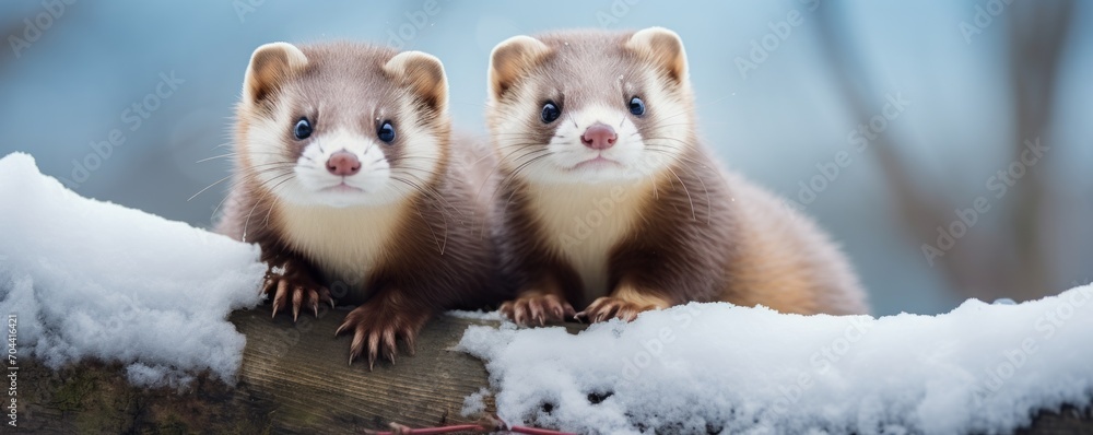A banner with two ferrets playing in the snow, their coats contrasting with the white snow and the blue background.