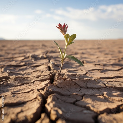 A single plant growing in the middle of a cracked dry desert.