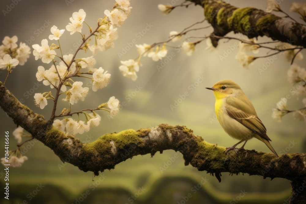 A banner with a small bird, possibly a robin, perched on a mossy branch surrounded by delicate white blossoms in a misty environment.