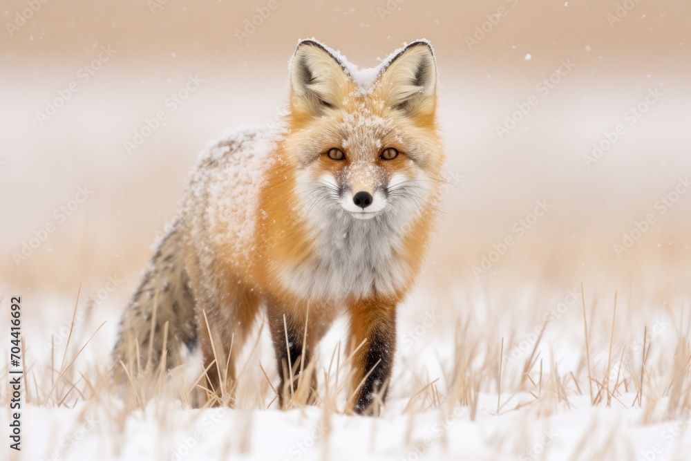 Fototapeta premium A red fox in a snowy landscape, with snowflakes gently falling around its alert face and fluffy tail