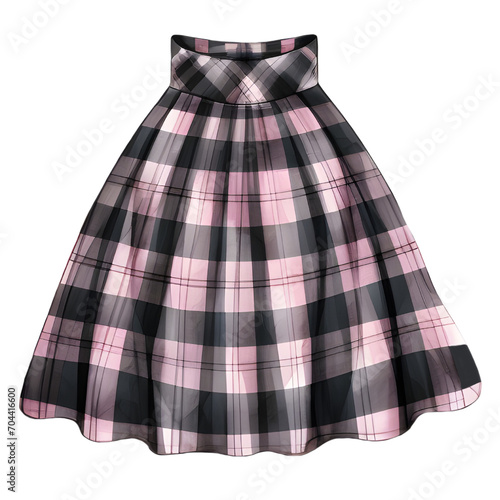 plaid skirt Black checkered pattern contrasted with pink, Watercolor fashion illustration