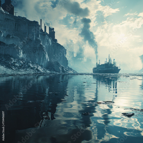 A dystopian scene with a large silhouette of a glacier and industrial structures in the water, emitting smoke against a dramatic sky, symbolizing environmental pollution and global warming 