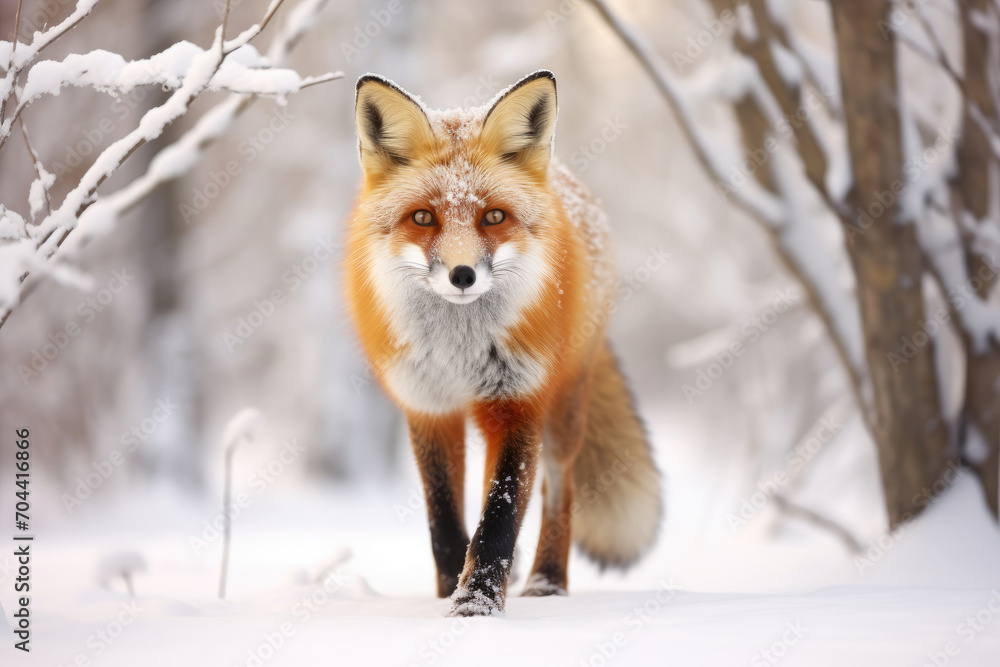 a red fox carefully traversing through a snowy forest, its vivid orange fur contrasting with the white snow.