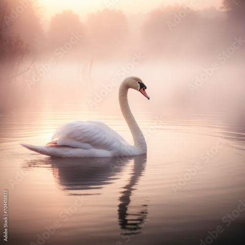 A graceful swan gliding on a misty lake at dawn, with the soft light creating a serene atmosphere.