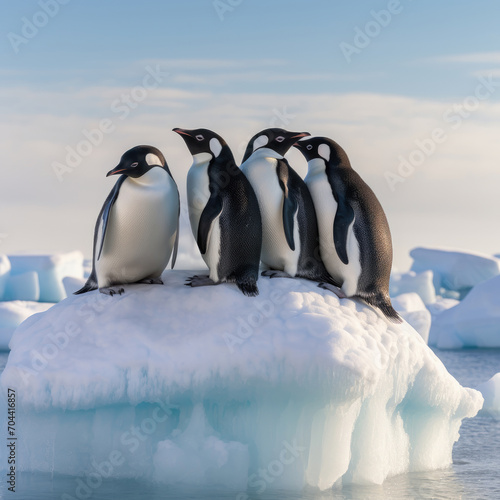 a group of penguins on a small melting iceberg symbolizing global warming 