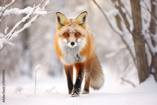 a red fox carefully traversing through a snowy forest, its vivid orange fur contrasting with the white snow. © Ярослава Малашкевич