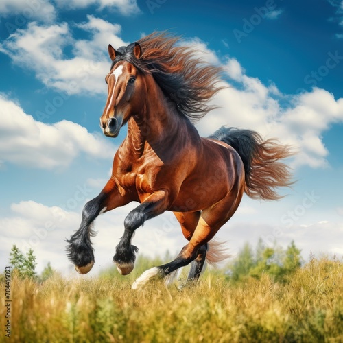 a magnificent horse with a shiny chestnut coat, galloping freely in a green field against a backdrop of blue sky and fluffy clouds