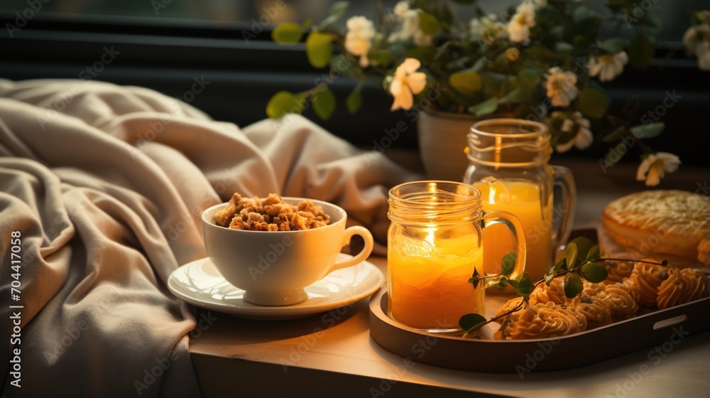 Cozy evening with candles and orange juice Cozy evening with candles and orange juice